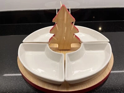 B01 - Plateau apéritif Noël en bois et céramique-sapin pique cure-dents + 4 bols - Photo 1/4