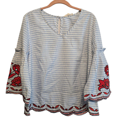 Solitaire Women Embroidered Red Rose Blouse Sz L  V- Neck Check Pattern Blue/Red