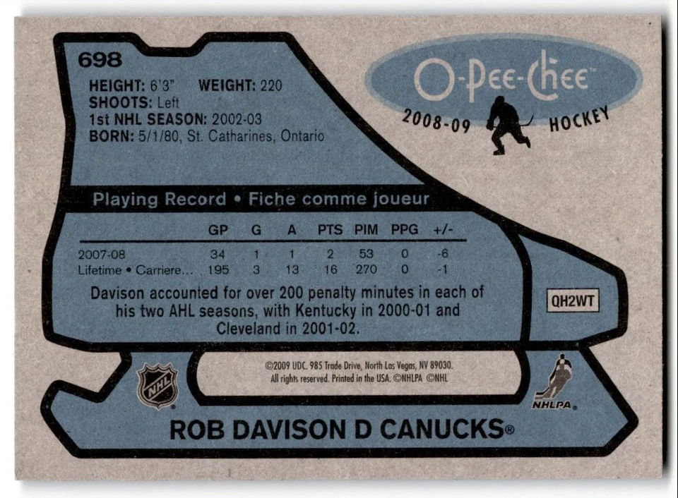 2008-09 O-Pee-Chee '79-80 Retro Rob Davison #698 Vancouver Canucks - Image 2 of 2