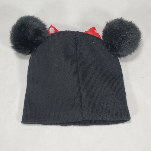 Disney Girls Minnie Mouse Hat Cap Beanie Stocking Red/Black with Poofs - Picture 2 of 3
