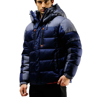 FUERZA Mens Winter Down Wellon Hooded Jacket Padded Parka Outerwear Dark Navy S