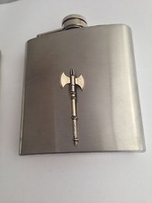 H9 Roman Double Axe pewter emblem on a 6oz Stainless Steel Hip Flask