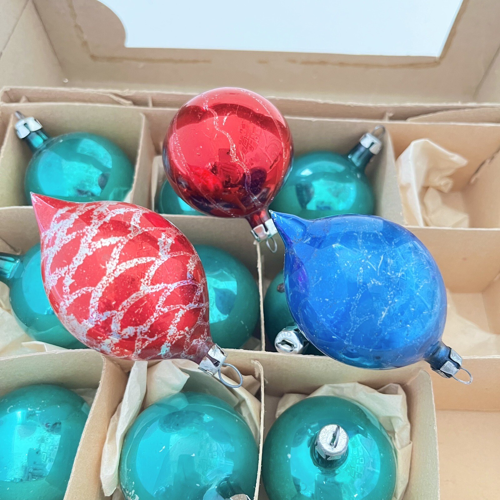 Vintage 12 POLAND GLASS Christmas Tree Ornaments in Original Box 1.75