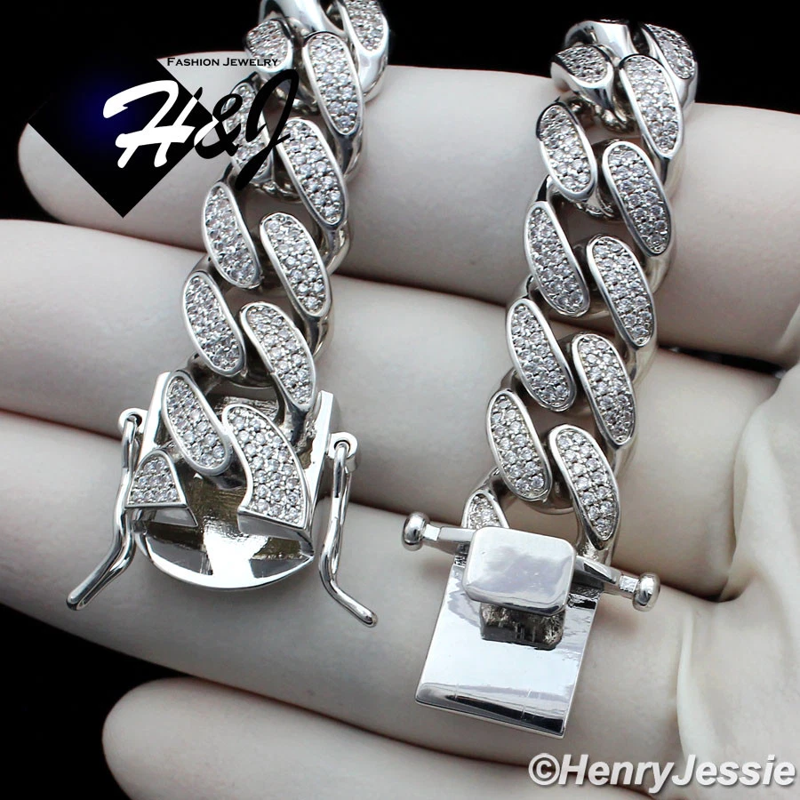 COLLAR MIAMI CUBAN BORDILLO 18"-30" CHAPADO EN ORO BLANCO 14K ICY BLING CZ 12MM*BN1 Foto 3 de 4