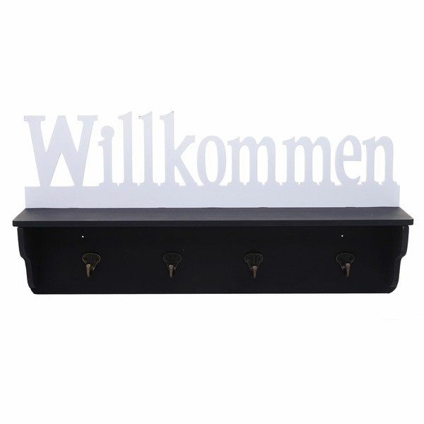 Wandgarderobe HWC-D41 Willkommen, Garderobe Regal, 4 Haken Massiv, Schwarz/Weiß-image