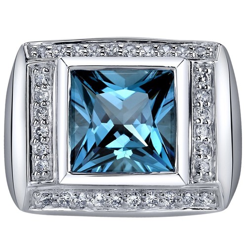 Mens 5 Carats London Blue Topaz Ring Sterling Silver Princess Cut Sizes 8 to 13 - Picture 2 of 3
