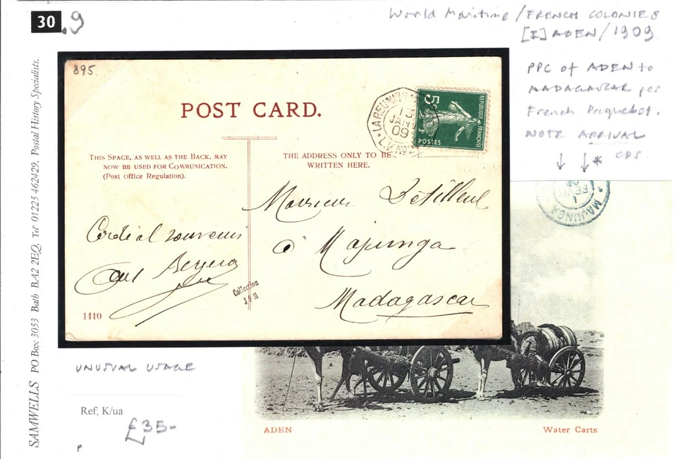 French Cols REUNION Card PAQUEBOT Madagascar Majunga CDS ADEN PPC1909 30.9 - Image 3 of 4