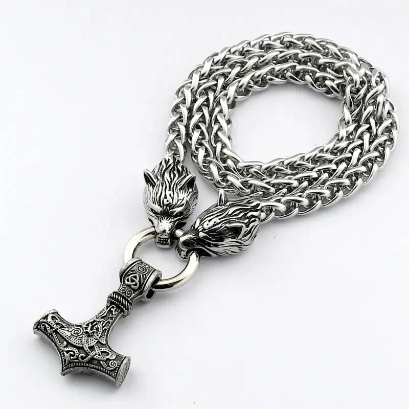 Men Norse Viking Thor hammer Mjolni Pendant Stainless Steel Wolf Chain Necklace - Image 3 of 4