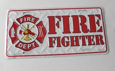 Fire Fighter Dept Embossed Metal White License Plate 6x12 inches made in the USA