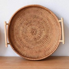 Vintage Basket Round Handwoven Wicker Bamboo Hamper Snack Tray Organizer Lid