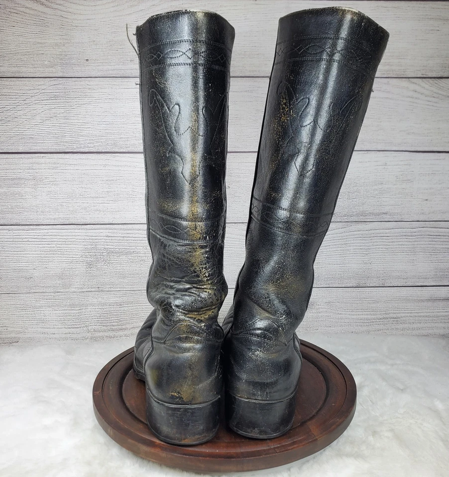 复古 Frye Tall Campus 60 年代 70 年代皮革黑色靴子 12 M 码男式美国制造  — 第 3/4 张图片