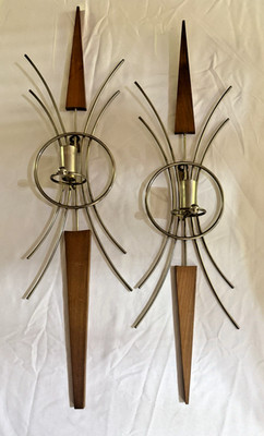 Pair Vintage Mid Century Modern Atomic Starburst Wall Sconce Candle Holders 2