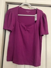 NWT LOFT PURPLE SHORT SLEEVE TOP w ROUCHE NECKLINE SZ XL $39.95 VALUE