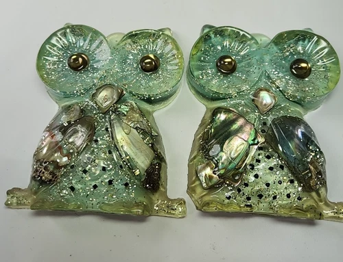 2 Vtg Acrylic Lucite Green 4.5" Retro Glitter & Abalone Shell Filled Owl Decor