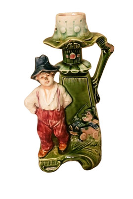Vintage Old Majolica Candle Holder With Handle Man And Baby In Wagon MCM