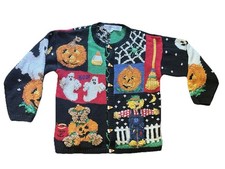 Vtg 1994 Halloween Hand Knit Patchwork Sweater Cardigan Eagles Eye Womens Sz M