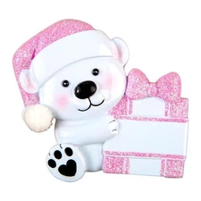 Baby Bear Hold Presen Pink Personalized Christmas Ornament