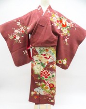 Japanese Vintage Kimono Houmongi Silk One Crest Gold Leaf Flower eb-1321