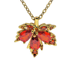Red Maple Leaf Pendant Necklace Gold Tone Stainless Steel CZ Crystal