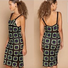 POL HANDMADE V Neck Midi Bodycon Crochet Dress Side Slit Granny Square