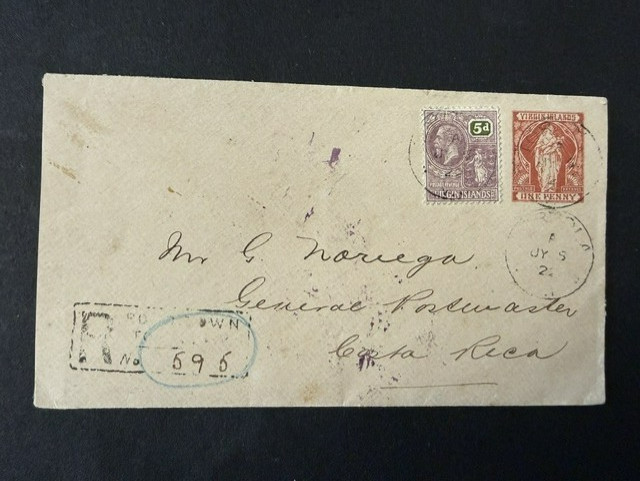1922 British Virgin Islands KGV 5d on 1p Postal Envelope sent Reg.to Costa Rica!