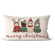 Cute Cat Christmas Pillow Cover 12x20 Inch, Cat Christmas Ornament Decorative...