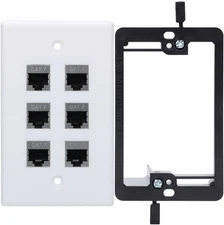 Cat7 Keystone Wall Plate 6 Port, 1 Gang RJ45 White, 6-Port, 1 pack 