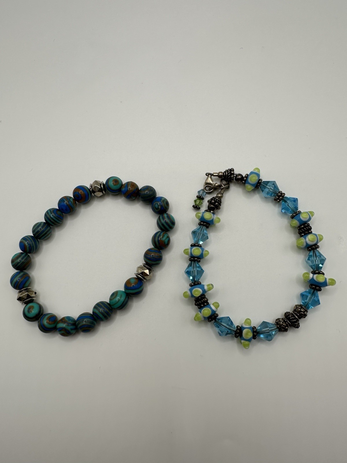 Pair Of Blue Glass And Acrylic Beaded Bracelets Size 7.5
