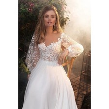 Boho V Neck Long Puff Sleeve Lace A Line White Wedding Dress Bridal Gown