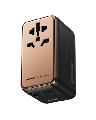 MOMAX Universal Travel Adapter Worldwide 170W GaN, 3 USB-C PD & 1 170 W, Gold