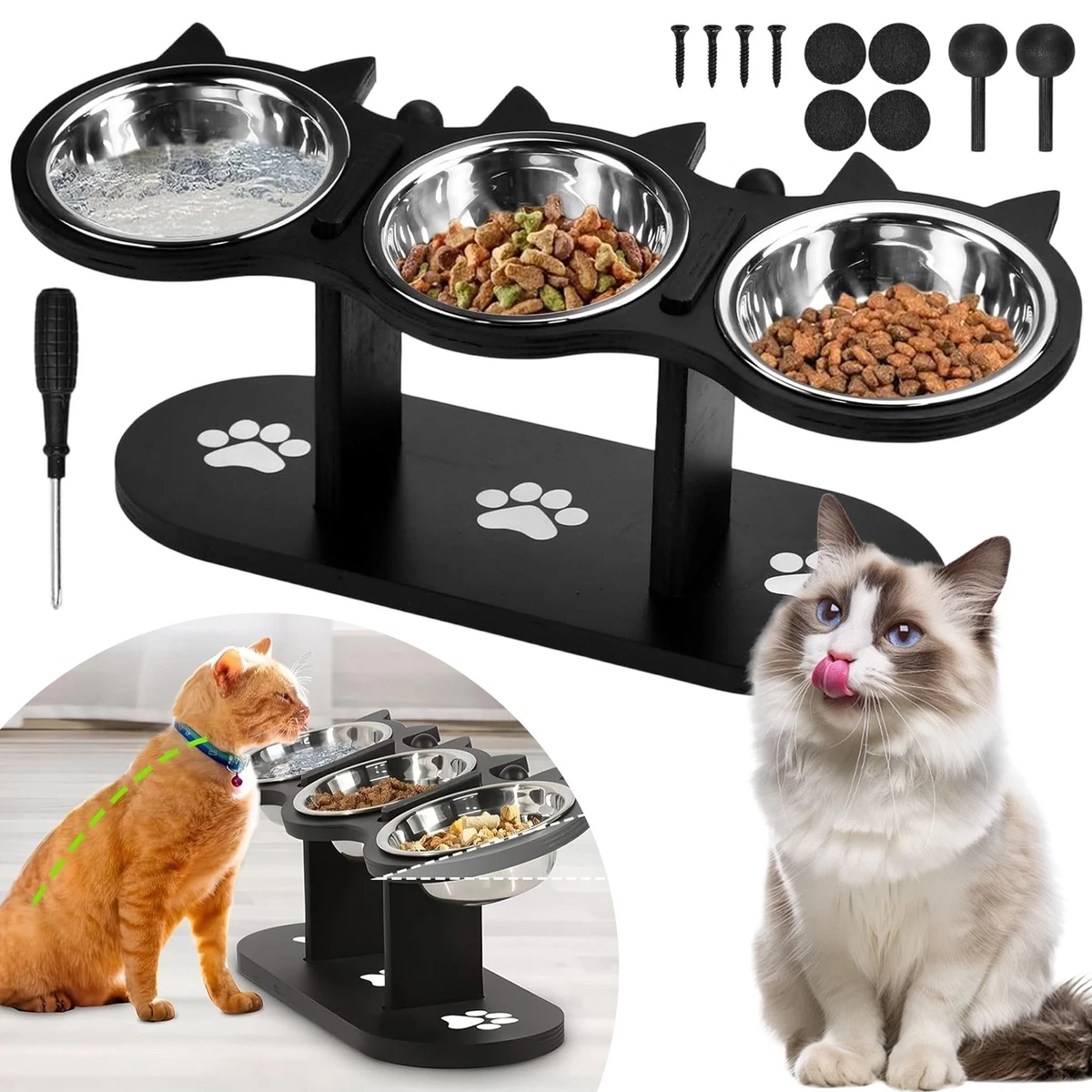 15 Grad Futternapf Katze Erhhte Katzennpfe Futterstation 15 Neigung  3  Edelstahl Schsseln Verstellbar Bambus  Fr Katzen & Kleine Hunde