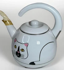 Vintage 1989 Kamenstein White Cat Metal Teapot with Whistling Bird