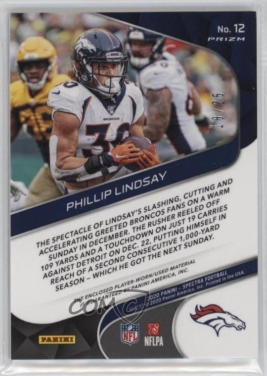 2020 Panini Spectra Sunday Spectacle Relics Neon Pink Prizm /25 Phillip Lindsay - Image 2 of 2