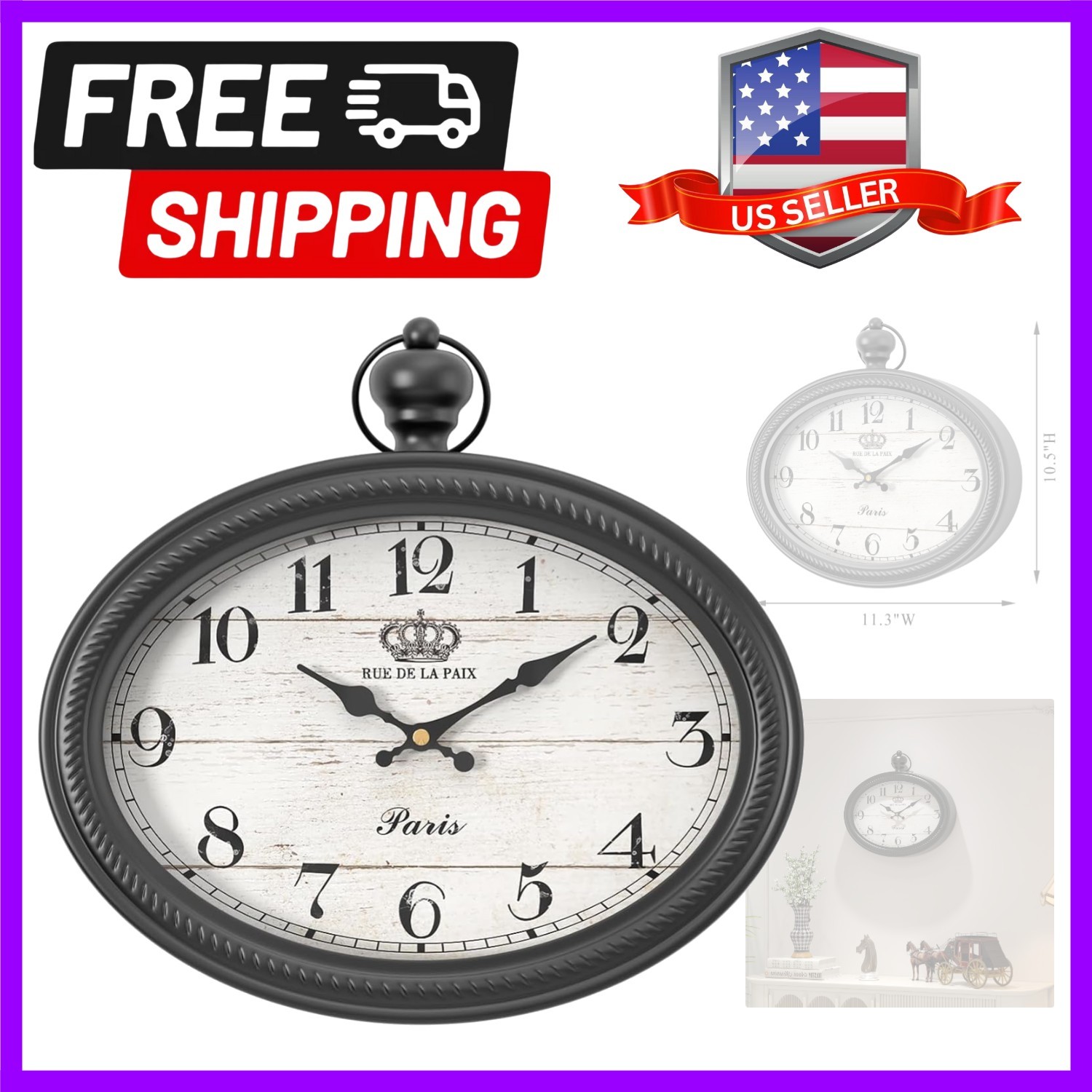 Retro Oval Wall Clock. Black Vintage Antique Style