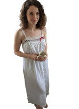 Vintage White Full Slip with Lace Trim, Red Bow Accent, Adjustable Strap