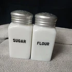 Vintage 1940s Hazel Atlas Milk Glass-Sugar & Flour Shakers  Range Set HOTPOINT
