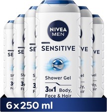 NVEA Men Sensitive Shower Gel Pack of 6 250ml Alcohol Free Body Wash Bamboo 5.33 per litre