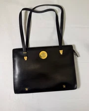 Vintage Céline Medallion Tote Black Leather w/ Adjustable Straps & Gold Logo