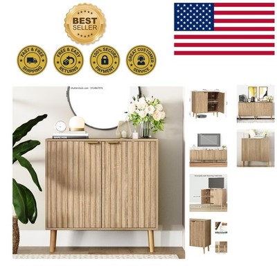 Oak Storage Sideboard with Two Shelves - Modern Fluted Finish for Stylish Homes