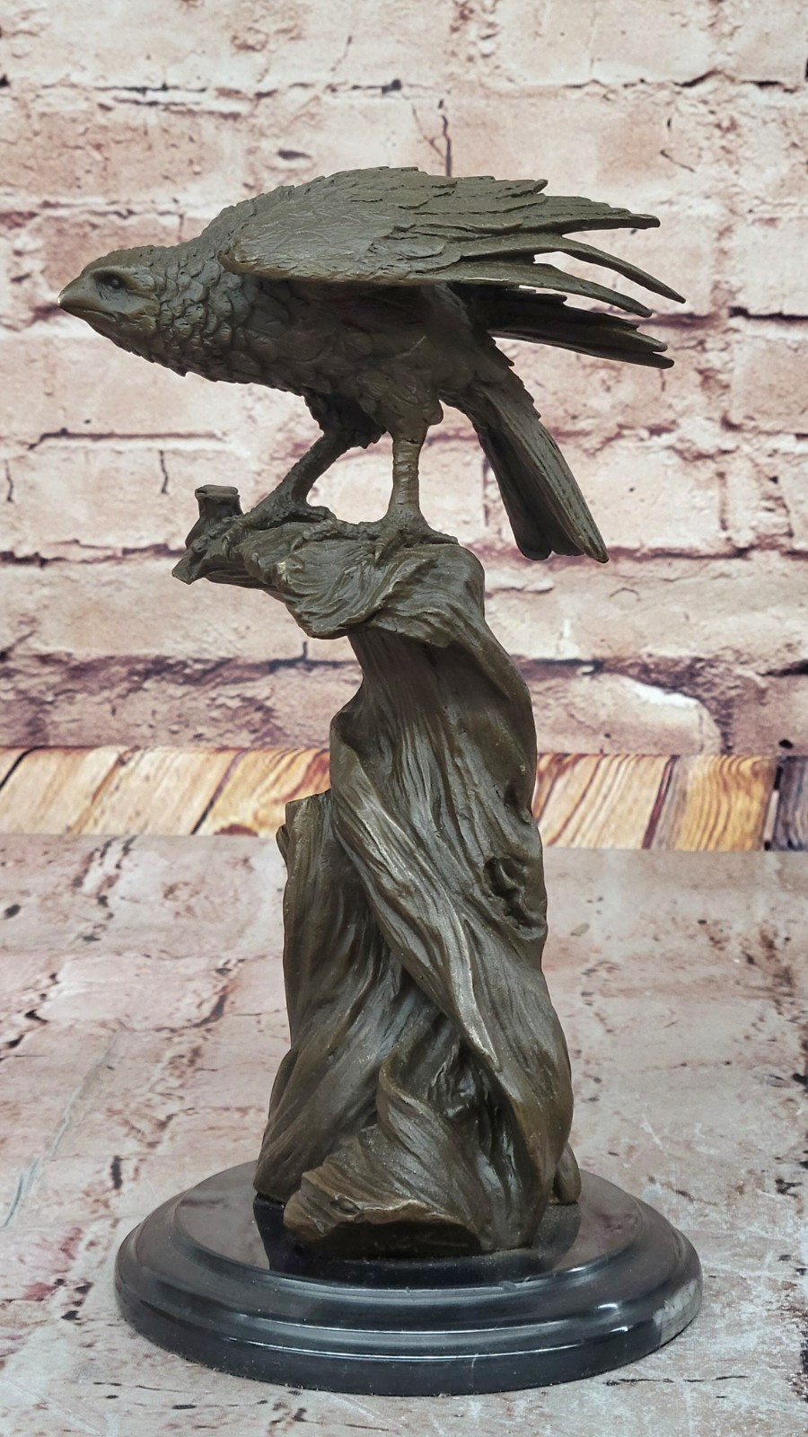 Bronze Eagle Perched on Marble Classic Animal Sculpture Signed Artwork