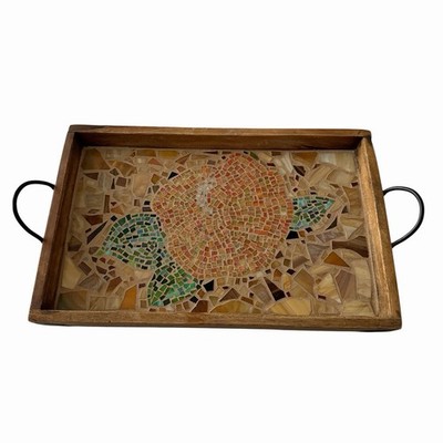 Vintage Wooden & Ceramic Tile Mosaic Inlay Bed Serving Tray w/ Handles
