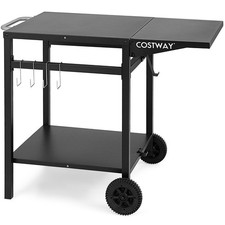 2 Tier Folding Side Table Outdoor Kitchen Cart Black Mobile Food Prep Trolley