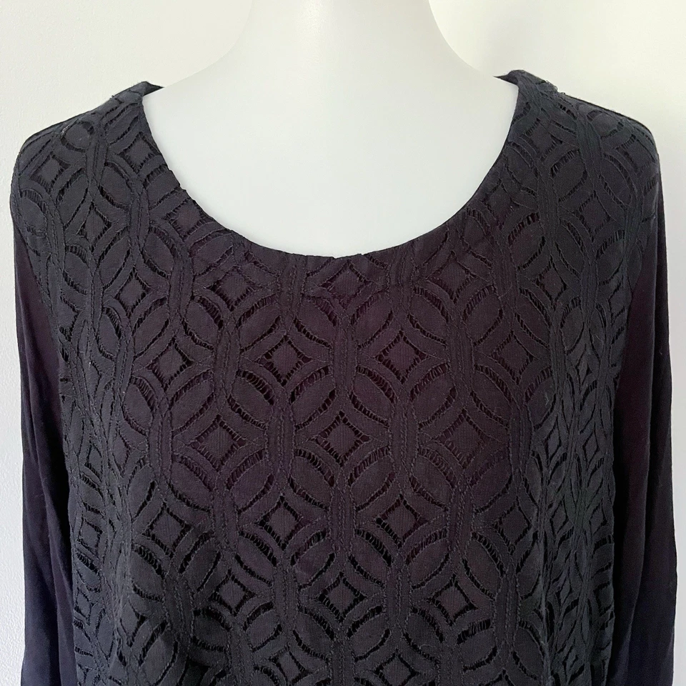 Croft & Barrow Black Lace Overlay Top Tee Shirt Tee Black Plus Size 2X Stretch - Image 2 of 4