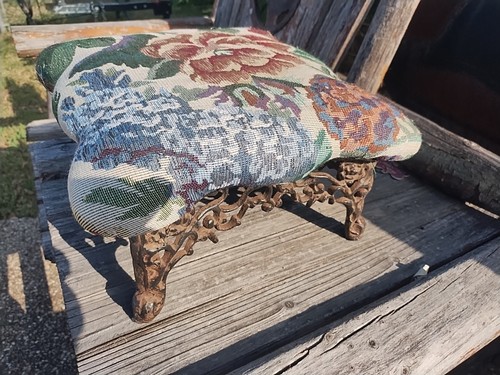 Vintage Ornate Victorian Cushioned Cast Iron Foot Stool Small Ottoman