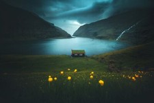 Landscape dark fjord nature flowers nordic s water sky Custom Gaming Mat Desk