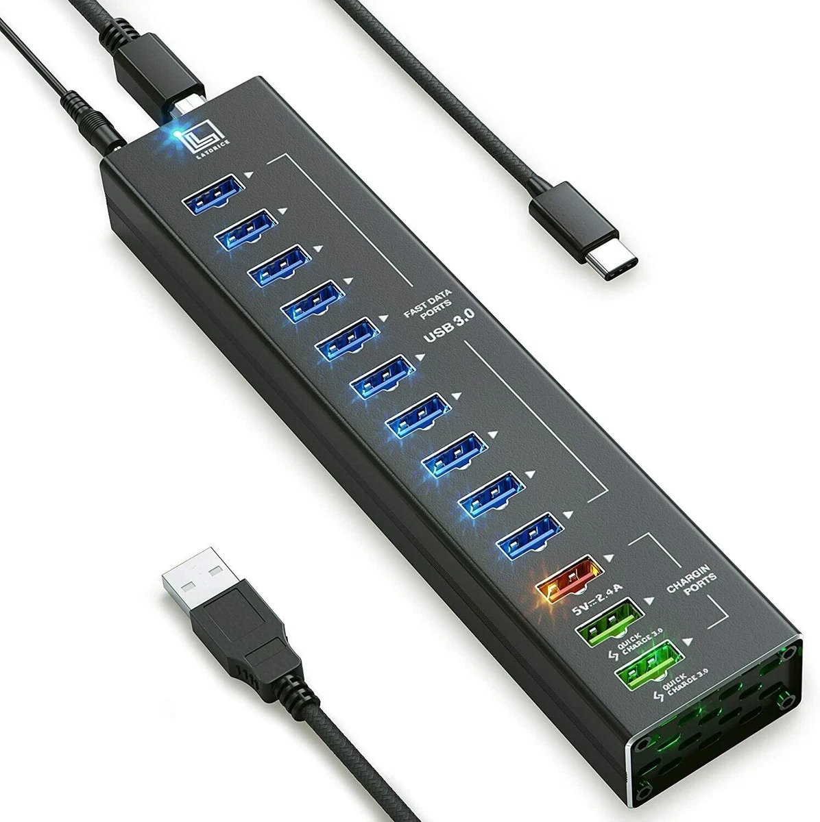 USB Hub Powered, 13 Multi-Port USB Hub with 10 USB 3.0 Ports, 2 IQ Quick  Charge