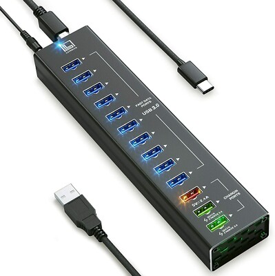USB Hub Powered, 13 Multi-Port USB Hub with 10 USB 3.0 Ports, 2 IQ Quick Charge 