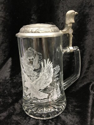 DOMEX Glass Stein Pewter Soaring Eagle Hinged Lid Etched Eagle Scene Germany