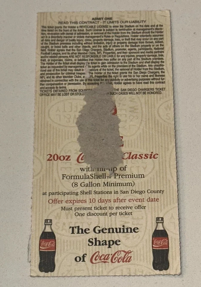 Broncos Chargers NFL Season Ticket Stub NFL Natrone Means x2 TDs John Elway 1995 - Image 2 of 2