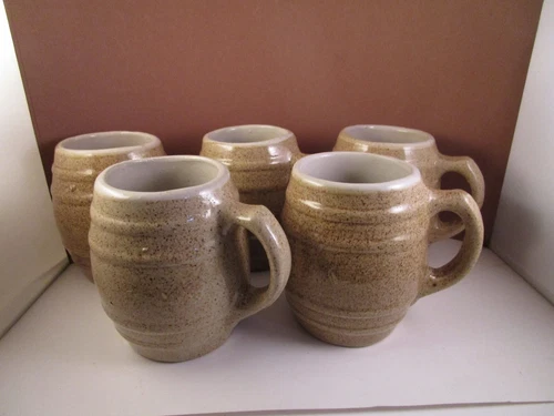 Vintage Studio Art Pottery Set of 5 Brown Speckled Mugs Steins